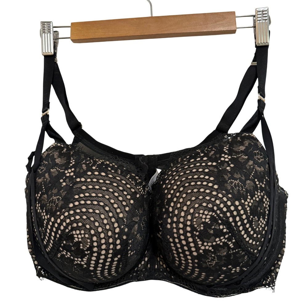 Cacique Women Boost Balconette Bra 38DDD Black Lace Nude Padded Underwire Gothic